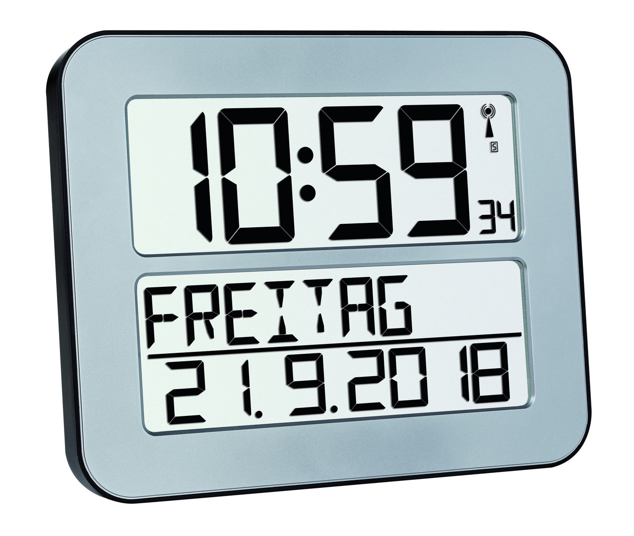 Temperatur Kalender mit Datum Tag und Uhrzeit 8 Sprachen 23 x 16 CM Große Anzeige Holzoptik Wandbefestigung oder Standfuß Funkuhr Wecker