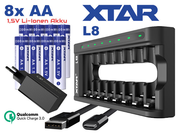 XTar BC8 Akku Ladegerät mit 8 AA 1,5V Li-Ion Akkus